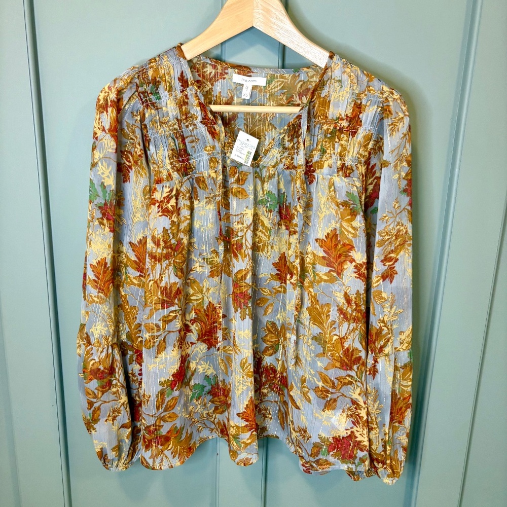 Maurices‎ Women’s Top Metallic Autumn Floral Blouse Sheer Flowy Leaves Sz XS